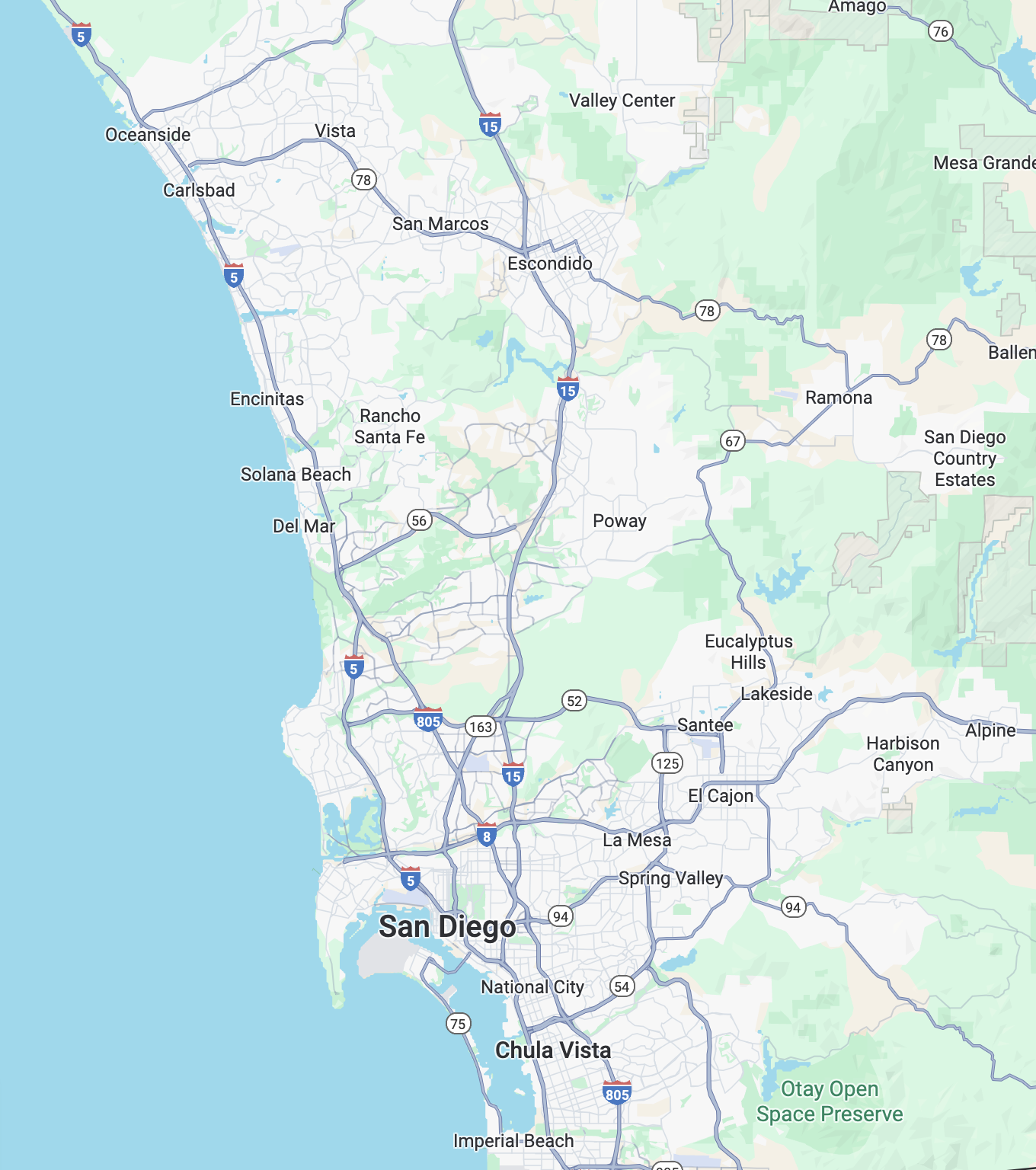 Map of San Diego County showing Pacific Standard Plumbing service areas across Carlsbad, La Jolla, Chula Vista, and surrounding communities